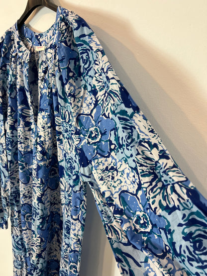 BUGANVILIA. Blue and white floral dress, size XL