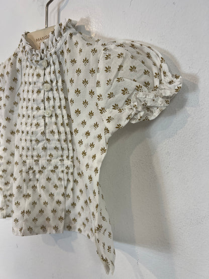 NICOLÍ. Blusa blanca flores verdes T.6-9 meses