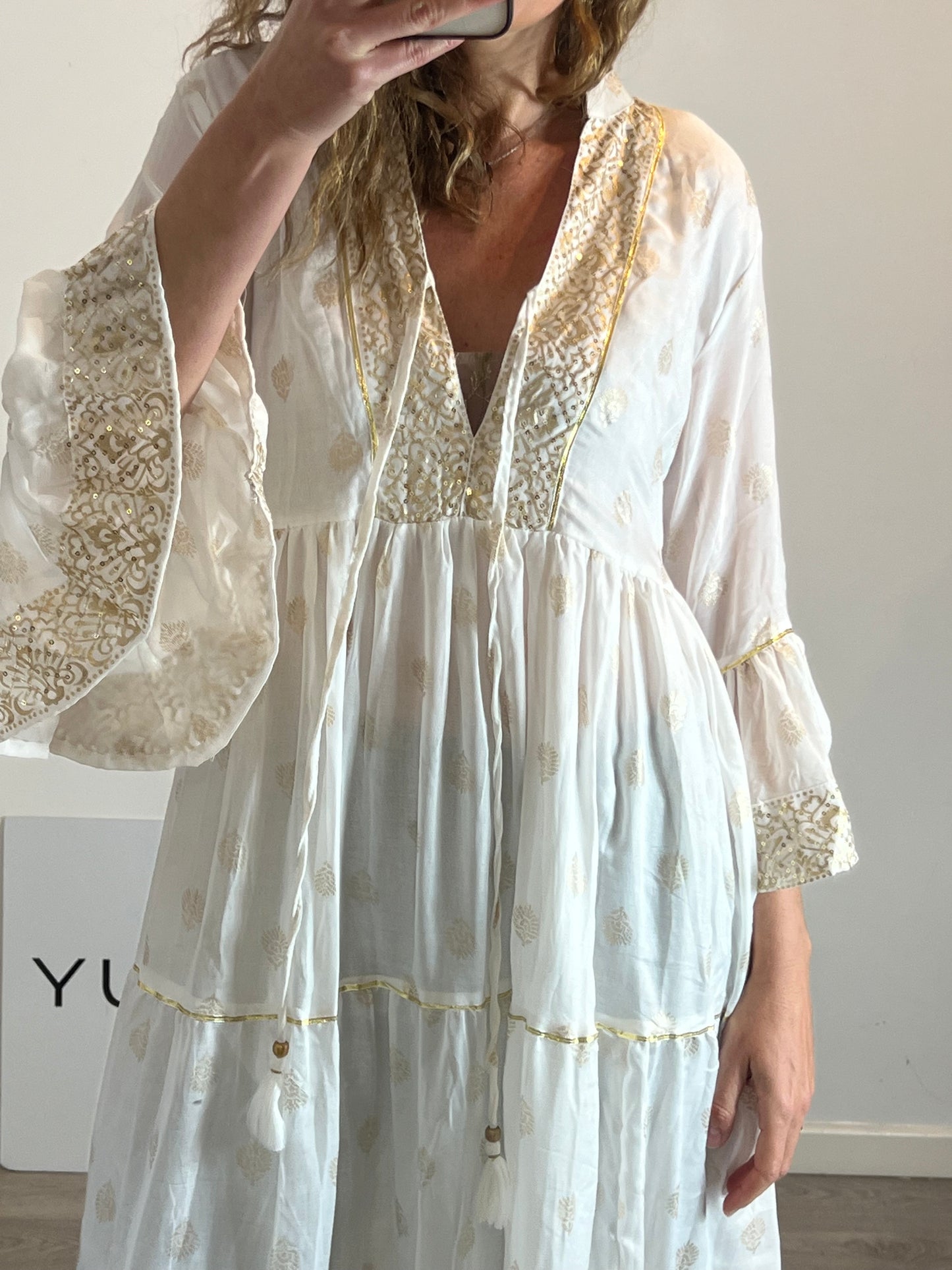 SIYA MADRID. Vestido blanco abalorios T.u(M)