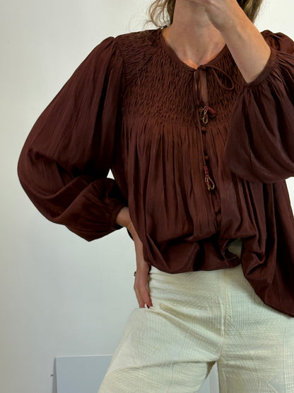 ZARA. Blusa marrón chocolate fruncidos