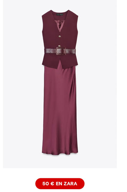 ZARA. Vestido largo doble textura burdeos