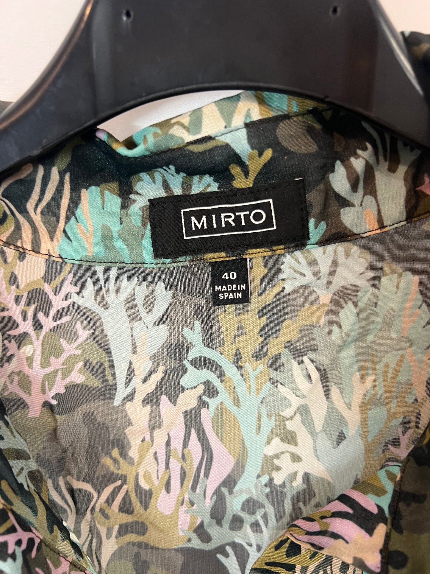 MIRTO. Long printed silk dress, size 40