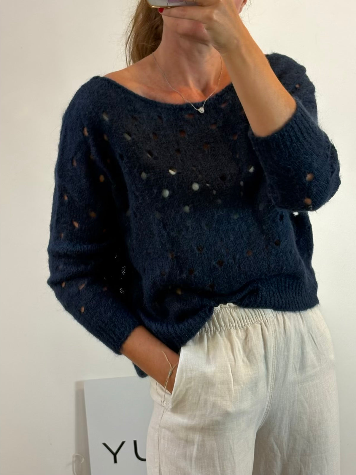 VINCENT CROCE. Jersey azul lana perforado