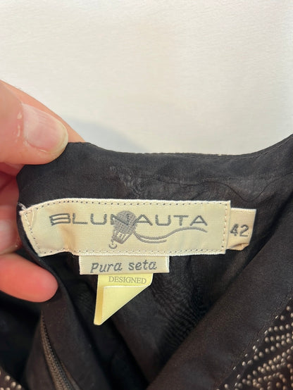 BLUNAUTA. Black printed silk midi dress. Size 40