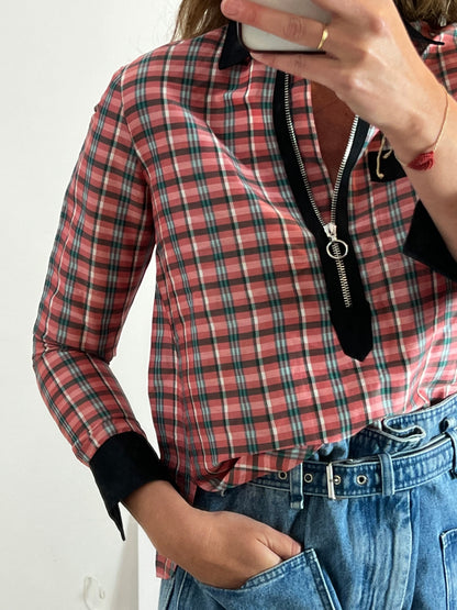 ISABEL MARANT. Checkered silk blouse with zipper. Size 36