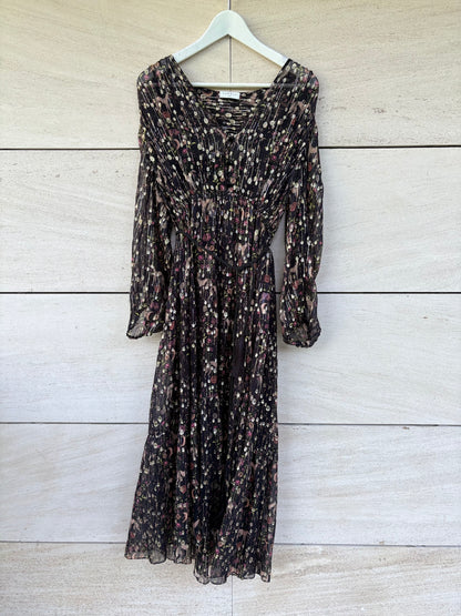 SANDRO. Vestido largo seda semitransparente. T 38