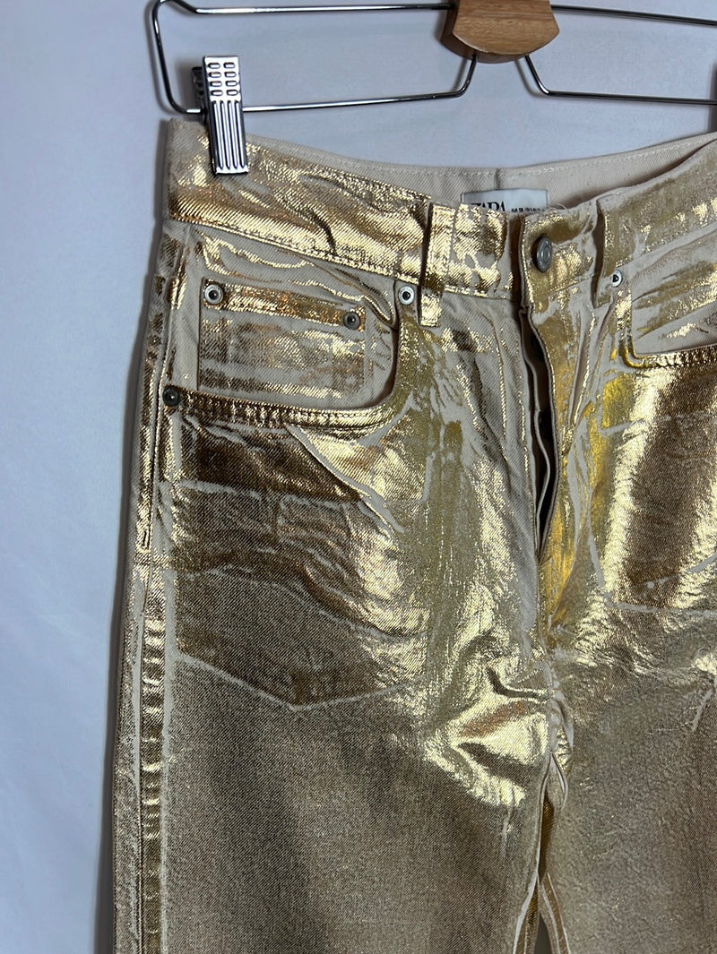 ZARA. Pantalón denim dorado efecto desgastado. T 38 – Hibuy market