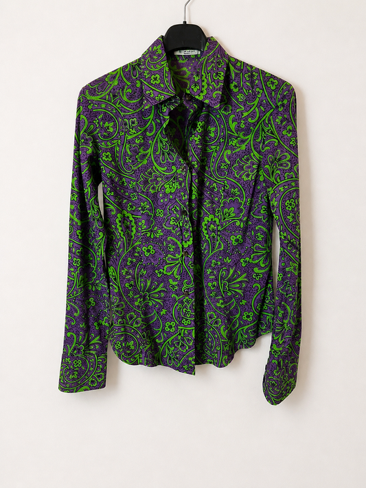 ETRO. Camisa morada flores verde T.40(xs)
