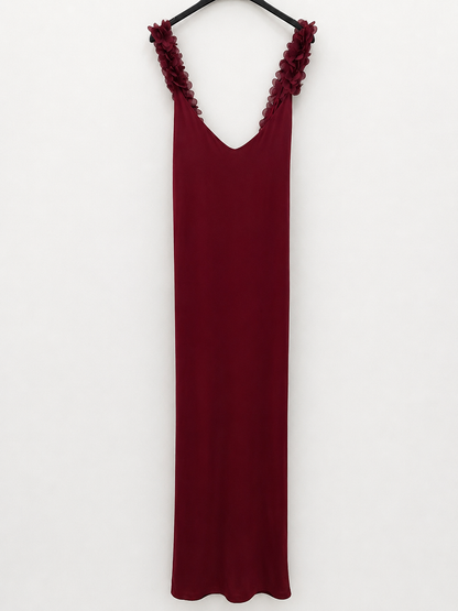 BY CLÉA.Vestido burdeos largo pétalos (36,38)