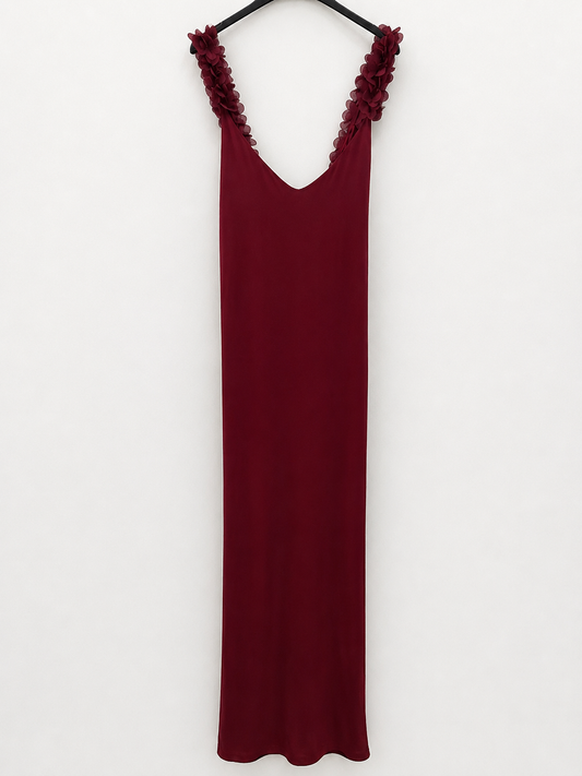 BY CLÉA.Vestido burdeos largo pétalos (36,38)