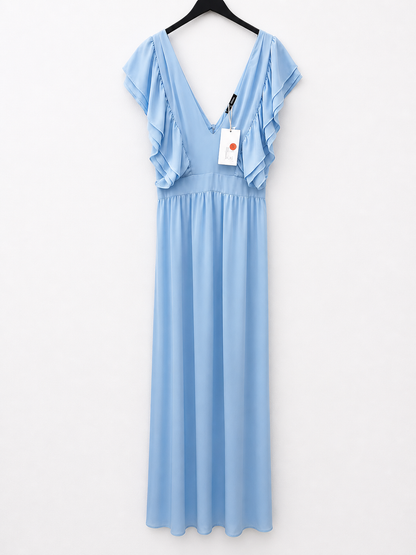 BY CLÉA.Vestido largo azul volantes (36,38 y 40)