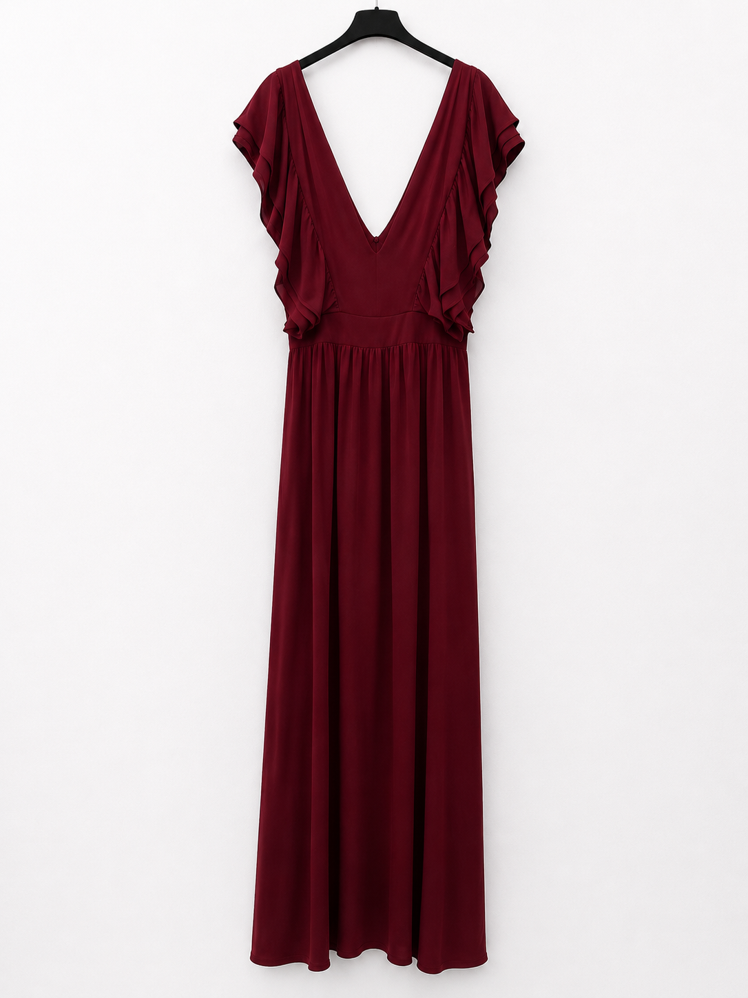 BY CLÉA.Vestido largo burdeos volantes (36,38 y 40)