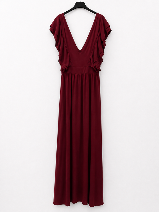 BY CLÉA.Vestido largo burdeos volantes (36,38 y 40)