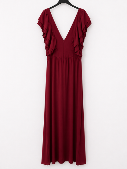BY CLÉA.Vestido largo burdeos volantes (36,38 y 40)