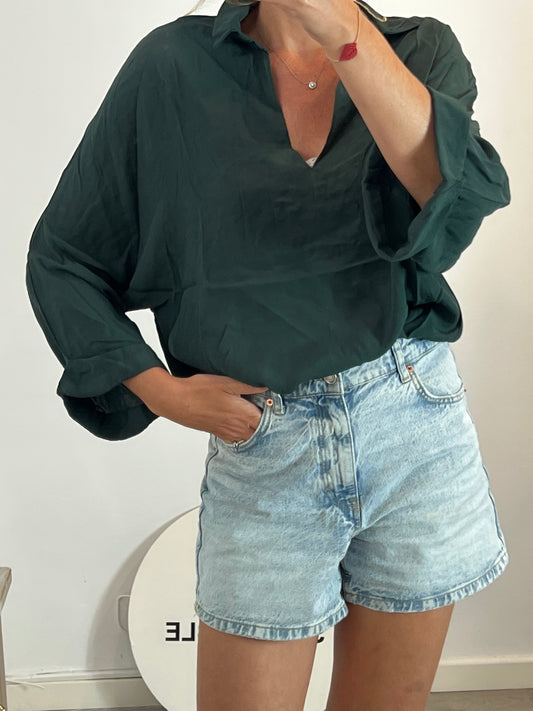 MANGO. Flowy green blouse Tl