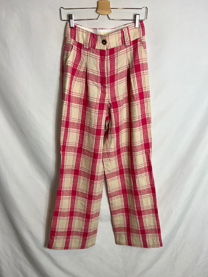 SÉZANE. Pantalón textura cuadros beige y rosa. T 36