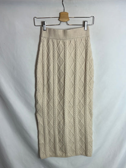 MANGO. Falda midi puenteo beige apertura. T XS
