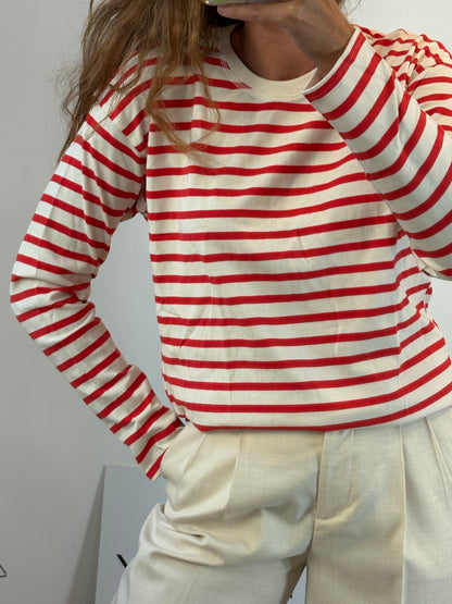 ZARA. Sudadera beige fina rayas rojas . T S