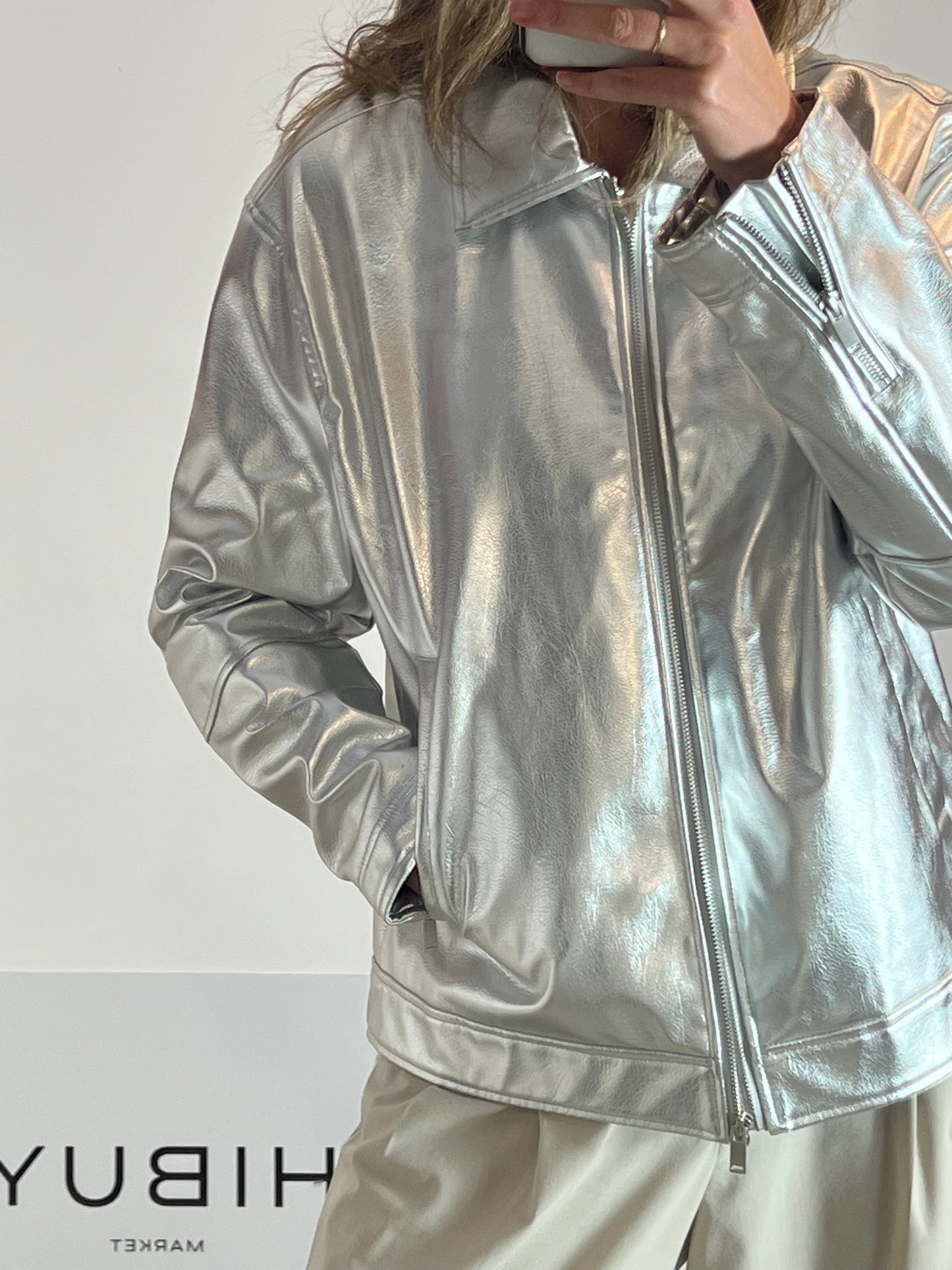 BERHKA. Silver Leatherette Biker Jacket