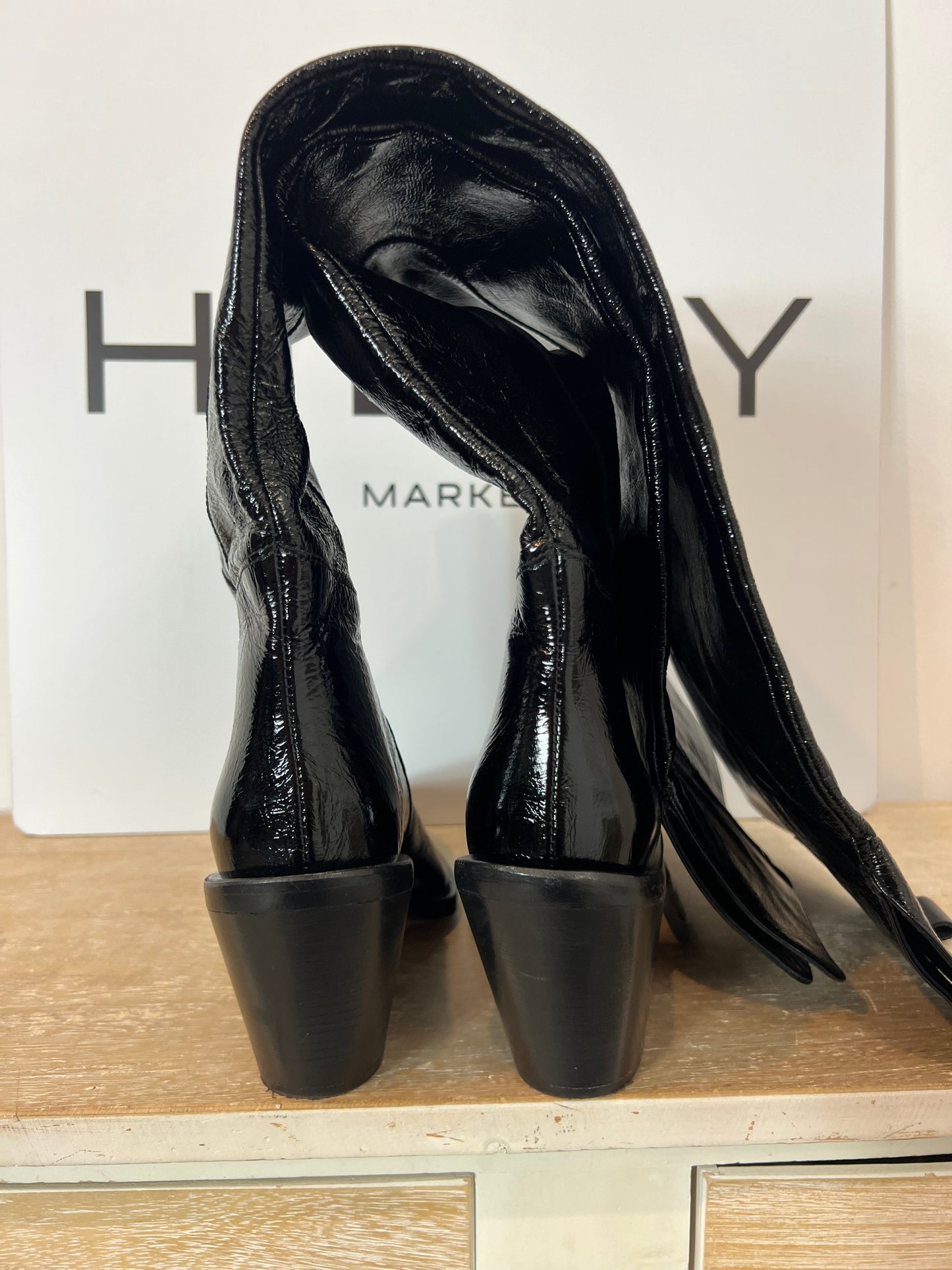 IRO. Black vinyl leather high boots, size 39