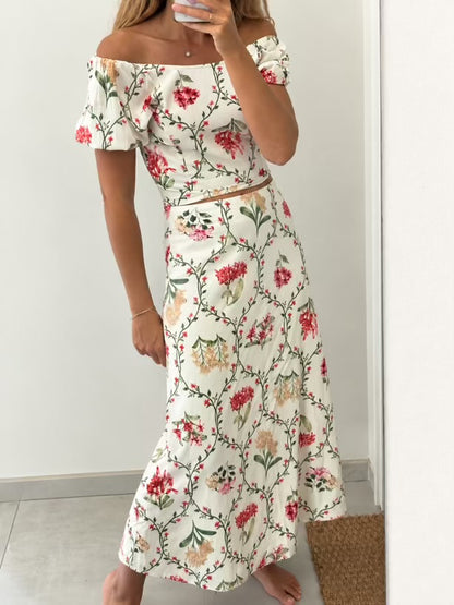 CASTAÑO DE INDIAS. Conjunto top y falda palmitos