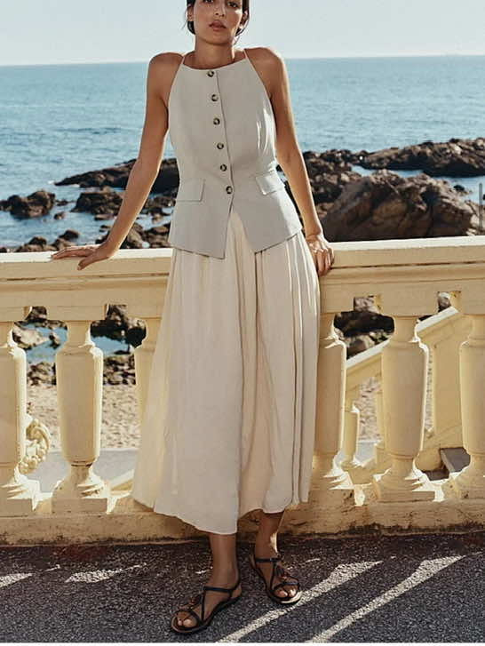 ZARA. Vestido largo beige texturas