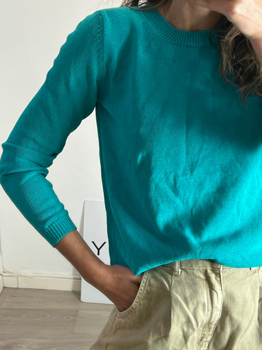 MASSIMO DUTTI. Jersey hilo turquesa botones dorados. T M