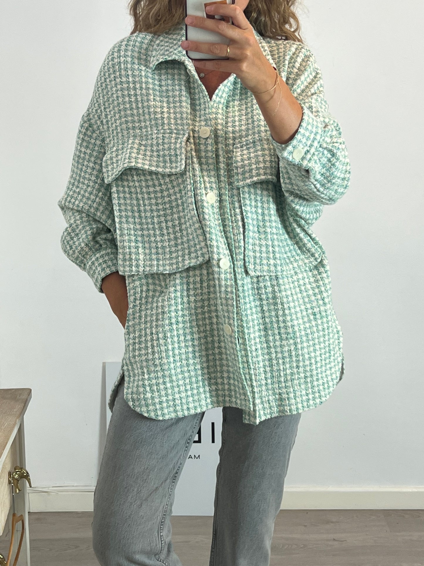 ZARA. Chaqueta larga tweed verde. T XS/S