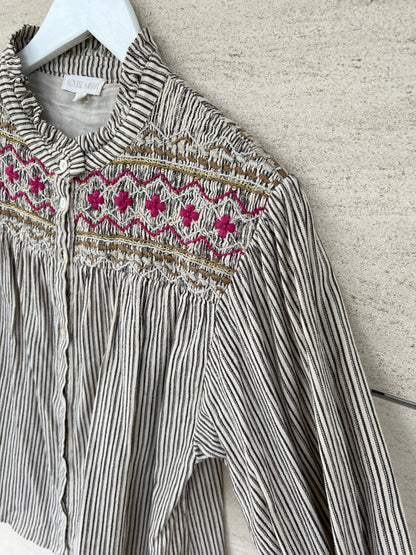 LOUISE MISHA. Embroidered striped blouse, size 34