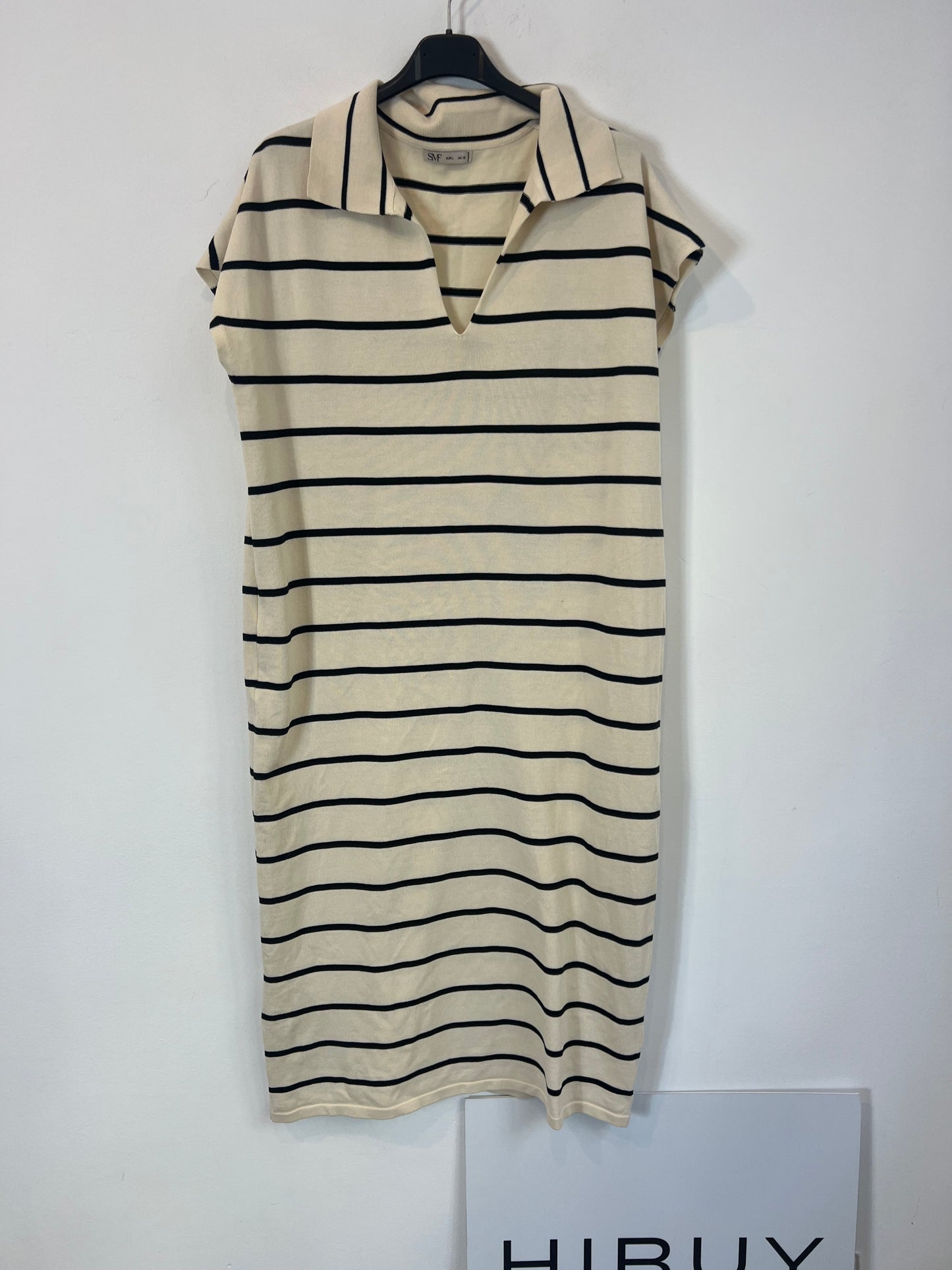 OTRAS. Vestido beige punto rayas azules. T L