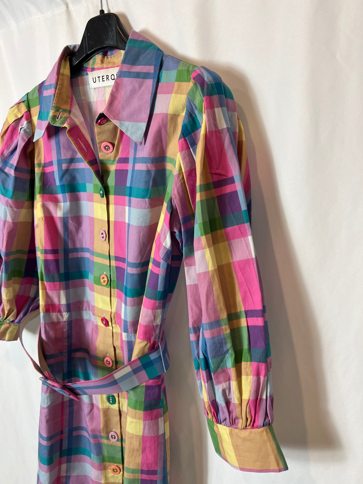 UTERQÜE. Vestido camisero cuadros T.s