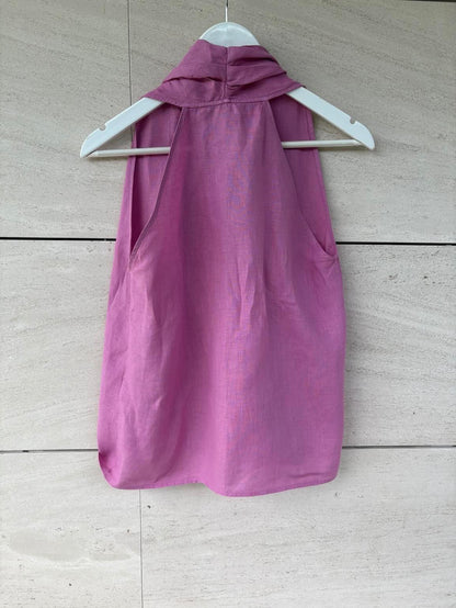 MASSIMO DUTTI. Top rosa lino detalle escote