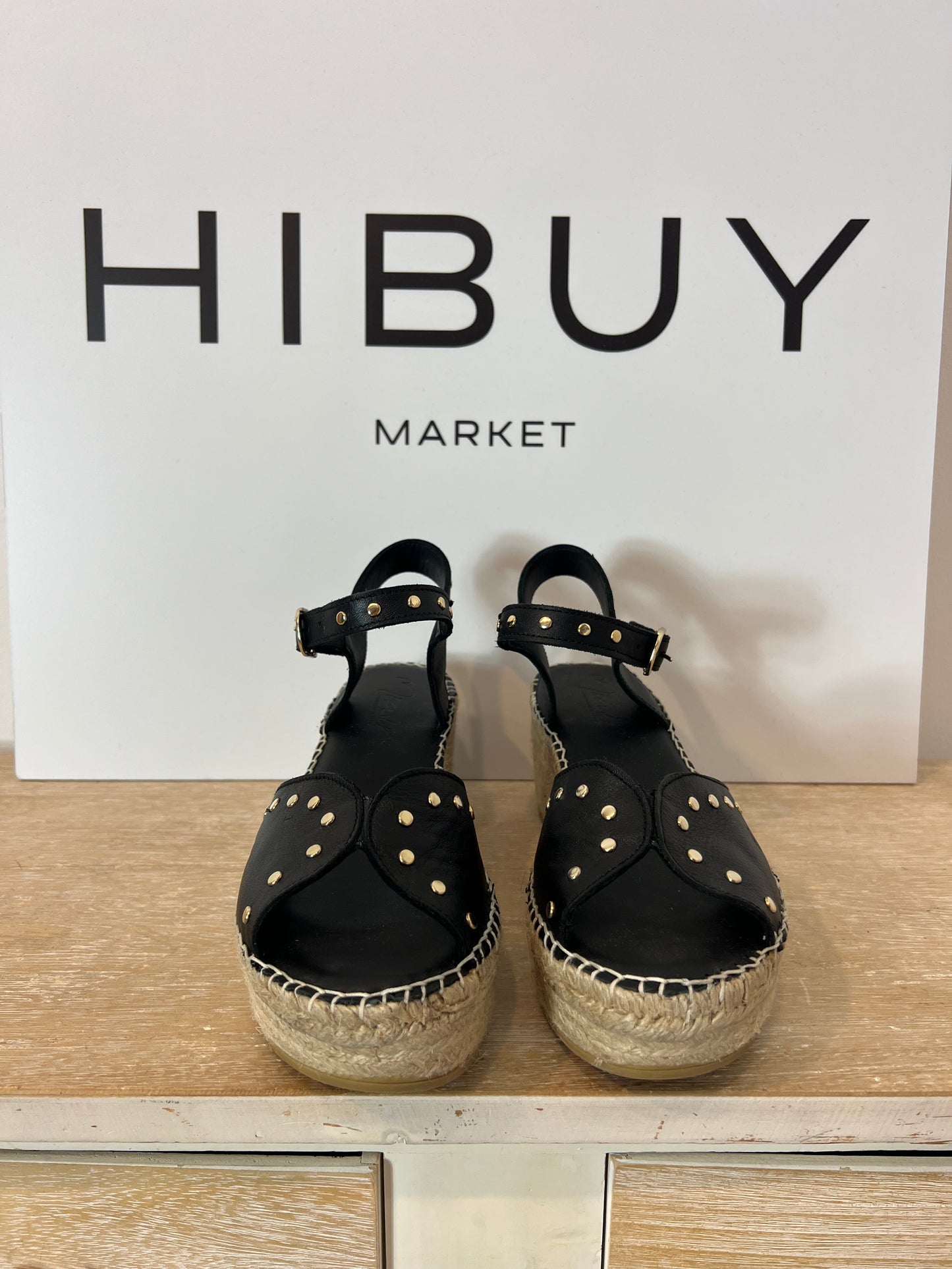 MICUIR. Black leather wedges with studs, size 39