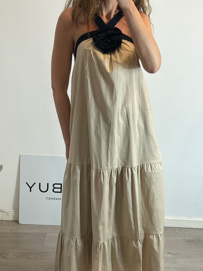 OTRAS. Vestido largo beige halter flor. T S/M