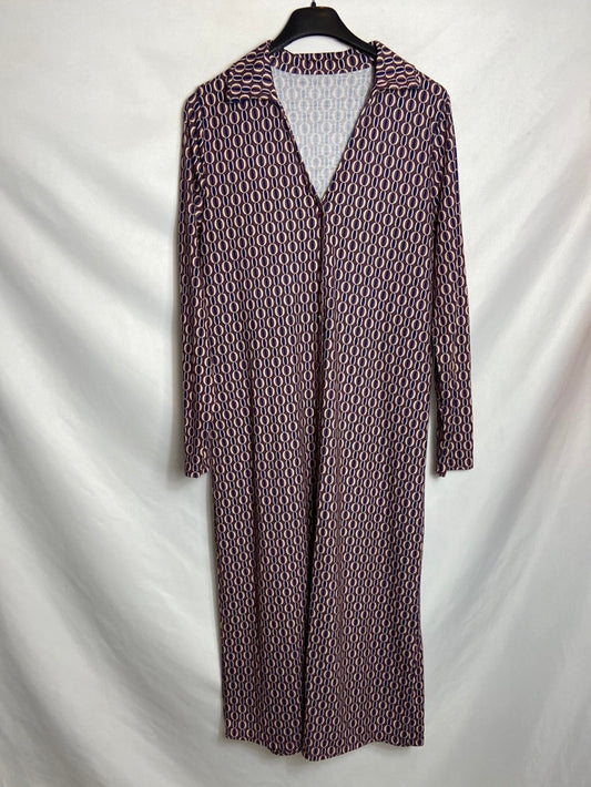 OTRAS. Vestido morado estampado retro. T U (M)