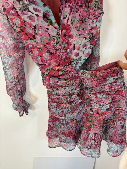 ZARA. Vestido corto abertura  flores. T XS