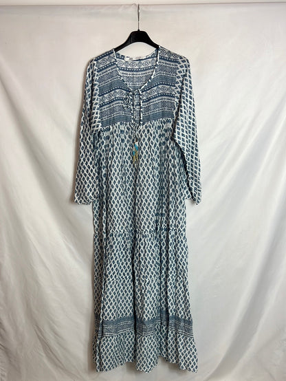 ZARA. Vestido largo estampado azules. T S