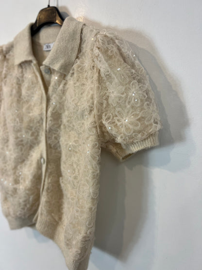ZARA. top beige tull flores T.s