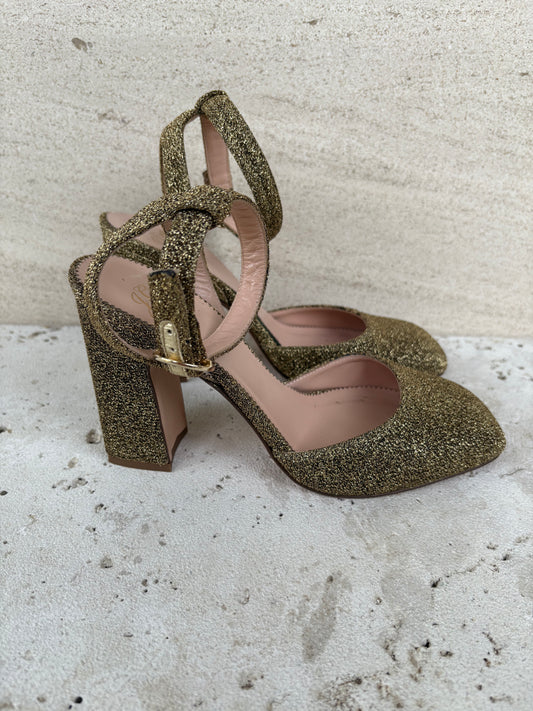J. CREW. Tacones dorados purpurina. T 37,5