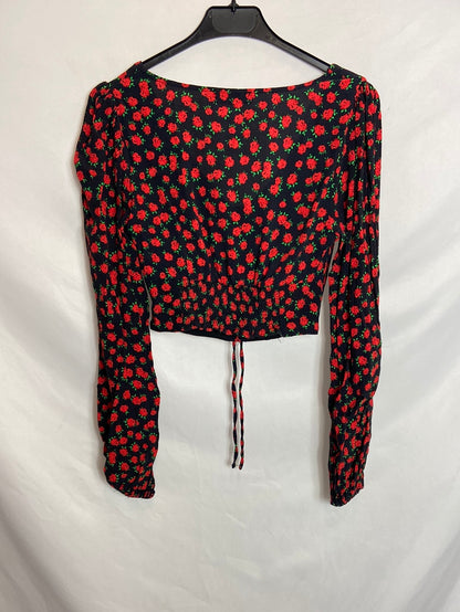 BERSHKA. Black floral print top