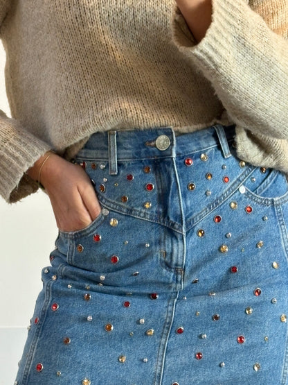 SANDRO. Falda denim abalorios