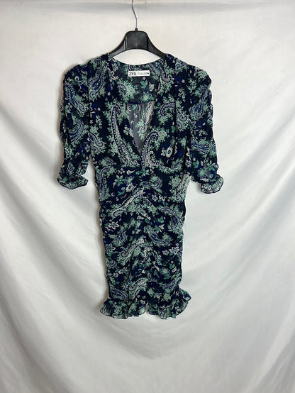 ZARA. Vestido azul fruncidos. T L