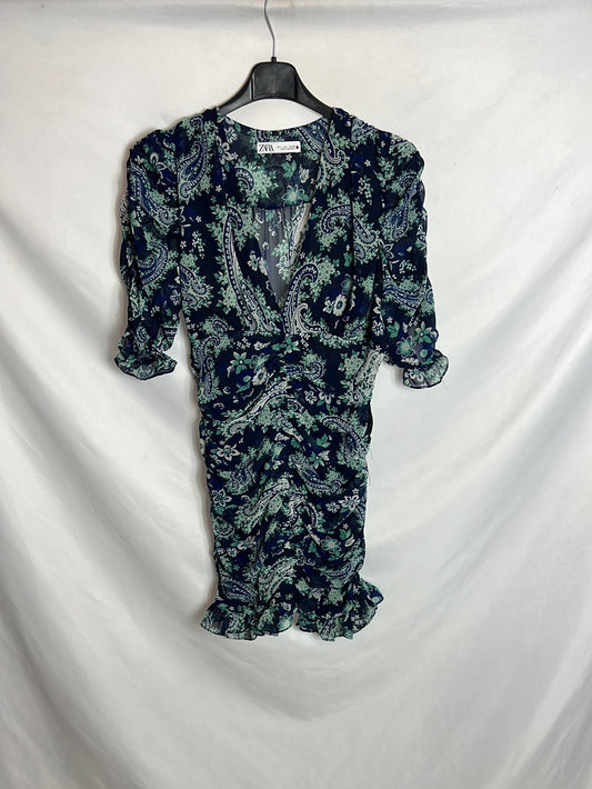 ZARA. Vestido azul fruncidos. T L