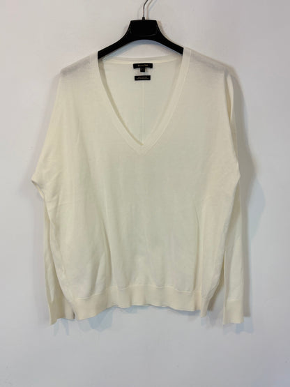 MASSIMO DUTTI. Jersey blanco cuello pico algodón. T S