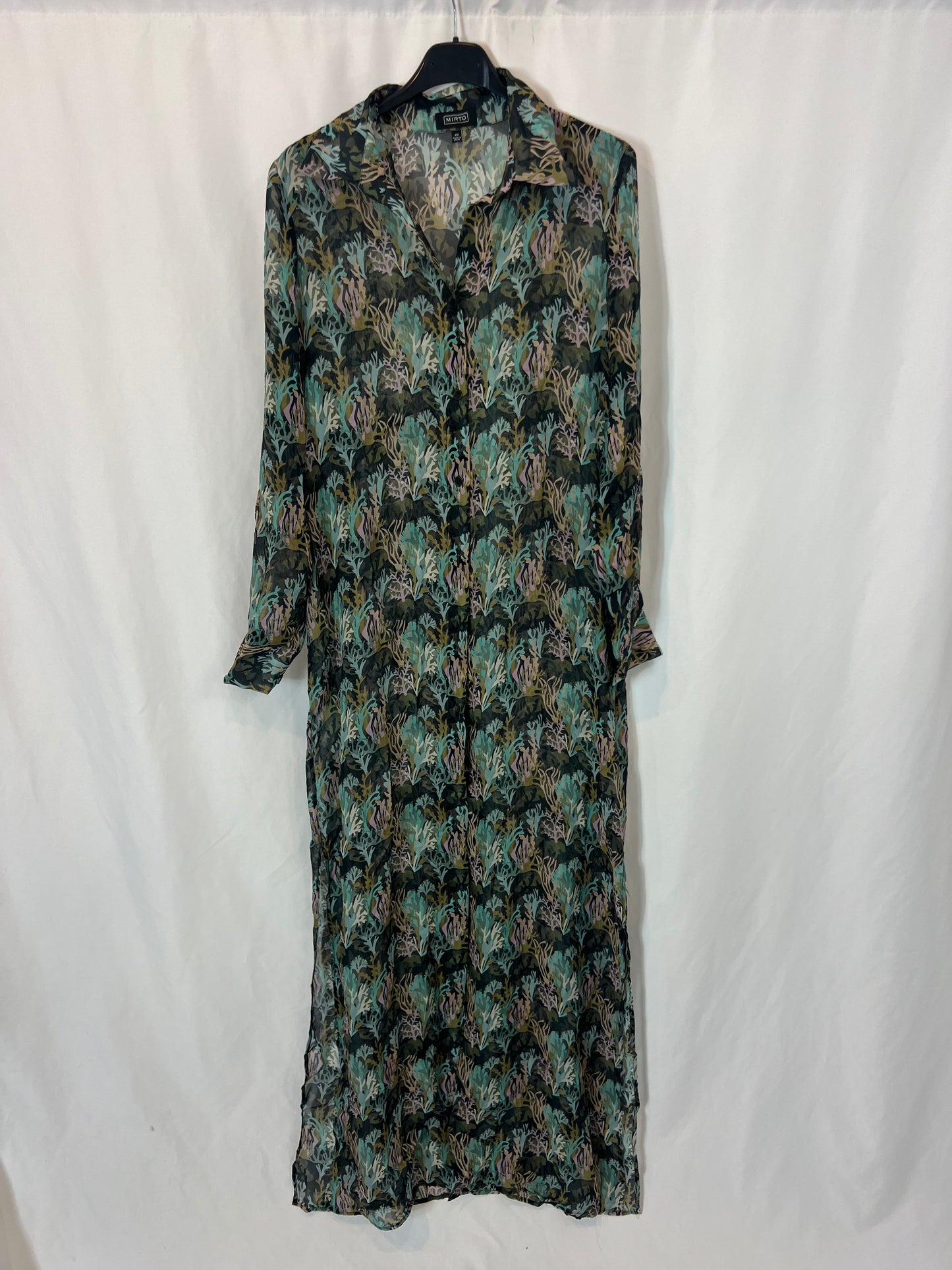 MIRTO. Long printed silk dress, size 40