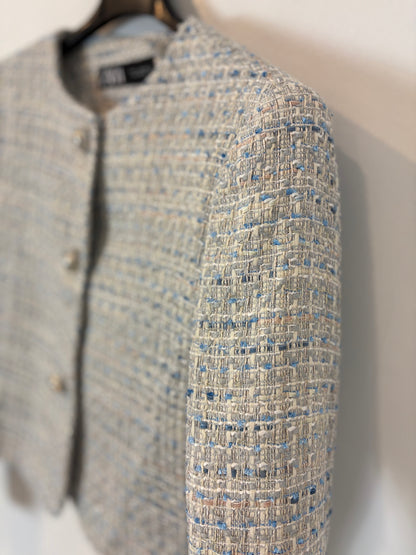 ZARA. Conjunto chaqueta y falda pantalón tweed azules. T XS/S