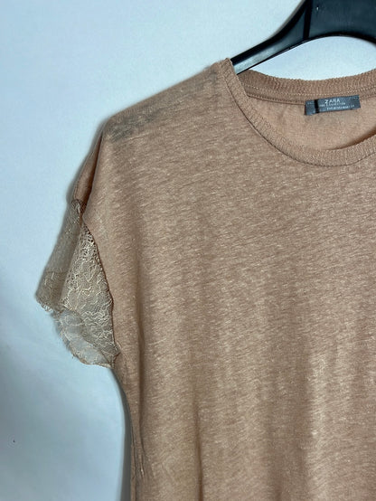 ZARA. Nude linen lace T-shirt TM