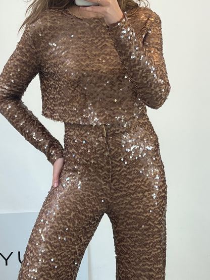 ZARA. Beige and gold sequined trousers. TS