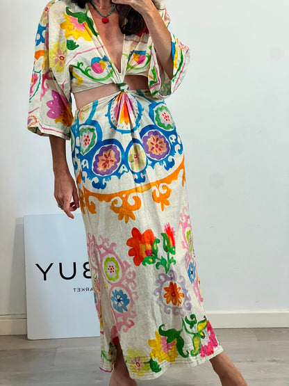 ZARA. Vestido aberturas estampado mezcla
