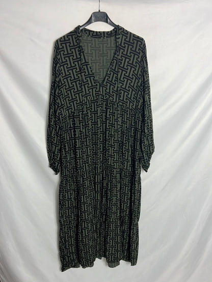 OTRAS. Vestido midi verde estampado geométrico . T U(M)
